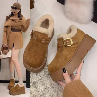 品牌真皮厚底加绒勃肯鞋女款2025新款雪地靴冬季加绒保暖毛毛棉鞋
