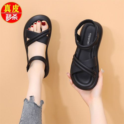正品真皮厚底一脚蹬凉鞋女外穿