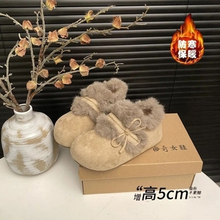 品牌真皮平底蝴蝶结勃肯鞋女2025新款冬季加绒保暖魔术贴毛绒棉鞋
