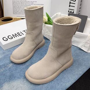 品牌鞋磨砂外翻马丁靴女平底加绒雪地靴2025冬新款白色复古中筒靴