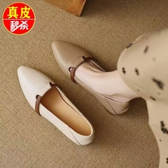 红青蜓真软皮一脚蹬平底单鞋女2025夏季新款配裙子法式尖头小皮鞋