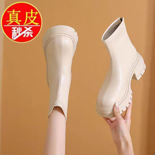 品牌白色马丁靴真皮法式小短靴