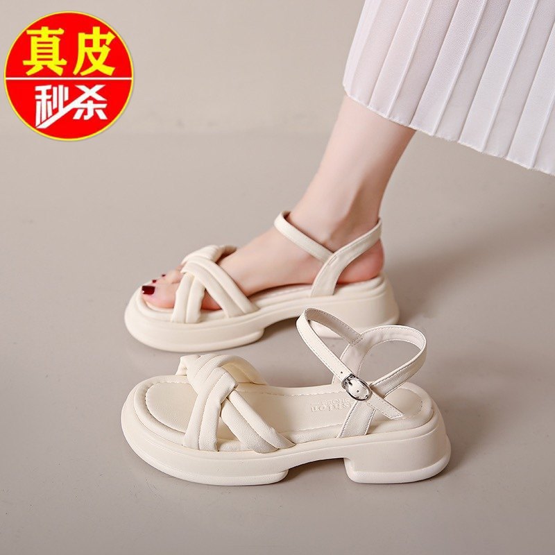 品牌真皮软底配裙子一字带凉鞋女夏季外穿2025新款厚底罗马沙滩鞋,女鞋,休闲凉鞋,淘宝优惠券,粉丝福利购,淘宝优惠卷