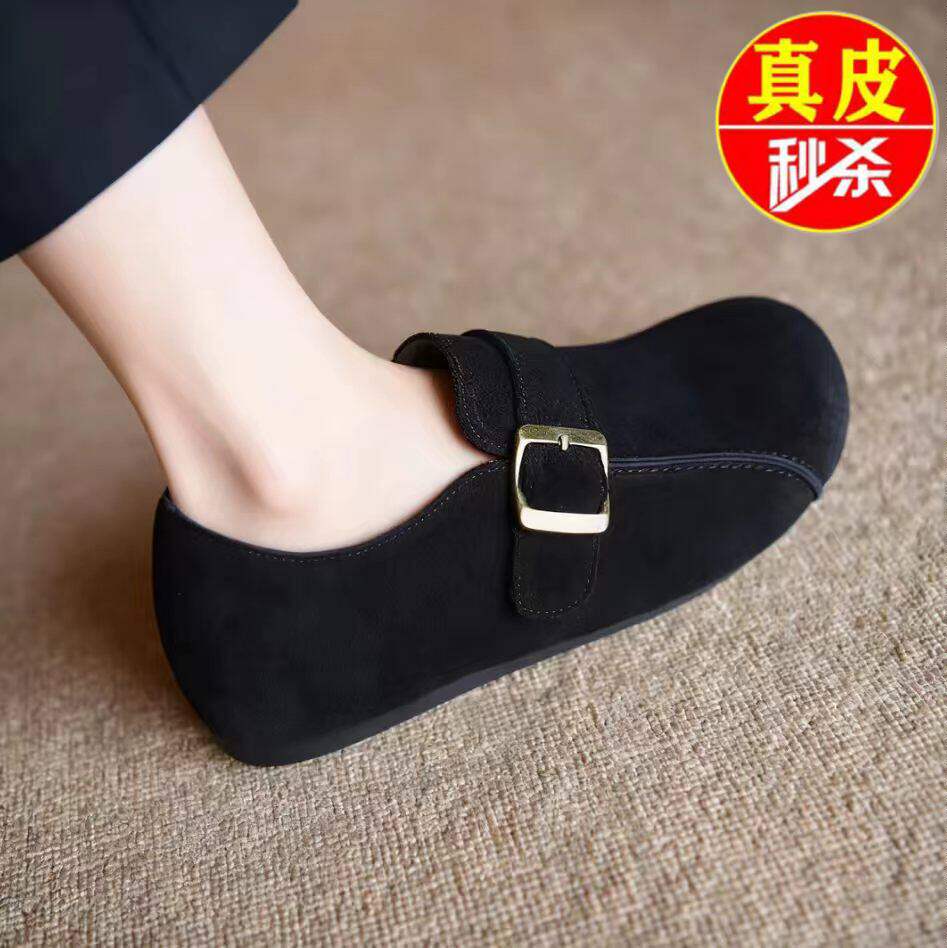 品牌真皮黑色全包勃肯鞋女2026春季新款一脚蹬软底单鞋休闲豆豆鞋