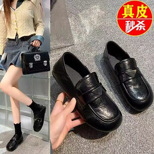 品牌真软皮黑色单鞋女配裙子2026春季新款英伦风小皮鞋平底乐福鞋
