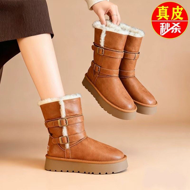 品牌真皮中筒棕色骑士雪地靴女2025新款冬季加绒保暖防水厚底棉鞋,女鞋,时尚雪地靴,淘宝优惠券,粉丝福利购,淘宝优惠卷