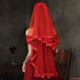 红色头纱新娘主婚纱短款头饰秀禾服红盖头结婚复古风蓬蓬简约领证