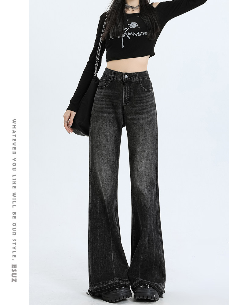 BLACK FLARED LOOSE WIDE-LEG JEANS WOMENS AUTUMN AND WINTER HIGH WAIST DRAPE RAW STRAIGHT FLARED MOP PANTS SPRING AND AUTUMN