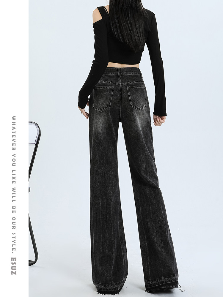 BLACK FLARED LOOSE WIDE-LEG JEANS WOMENS AUTUMN AND WINTER HIGH WAIST DRAPE RAW STRAIGHT FLARED MOP PANTS SPRING AND AUTUMN