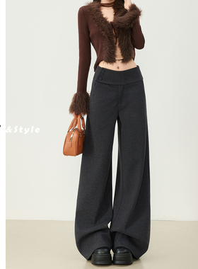 深灰色毛呢阔腿休闲裤女秋冬新款高级设计感宽松百搭直筒厚西装裤