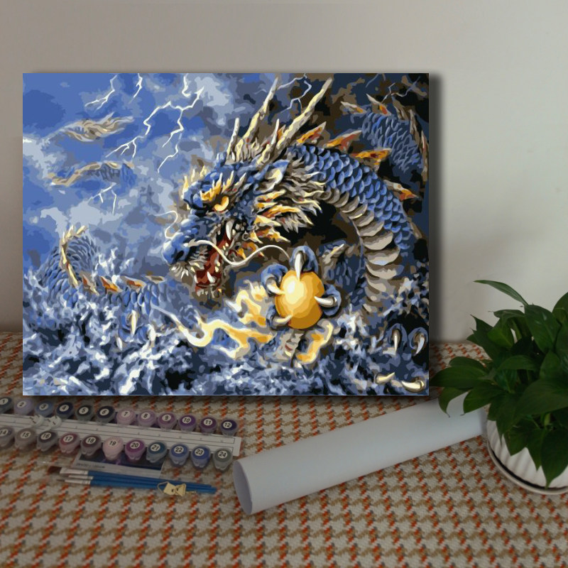 diy数字油画恐龙霸王龙翼龙火龙中国飞龙 儿童手绘填色丙烯装饰画