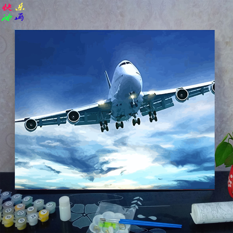 diy数字油画空中堡垒儿童手绘填色丙烯装饰画 风景系列飞机战斗机