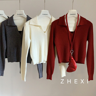 韩系短款长袖针织衫女春装翻领坑条显瘦安格拉红针织上衣女装