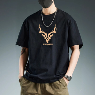 纯棉t恤男夏季简约百搭重磅刺绣短袖男款宽松潮流休闲半袖上衣服