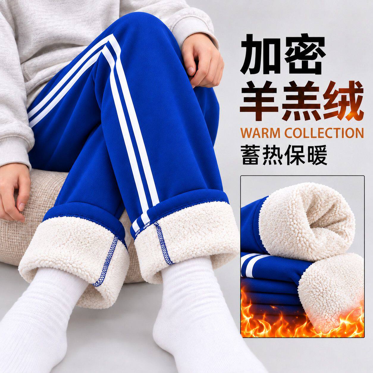 蓝色校服裤子冬季羊羔绒加绒加厚二条杠小学生校服裤初中生宝蓝色