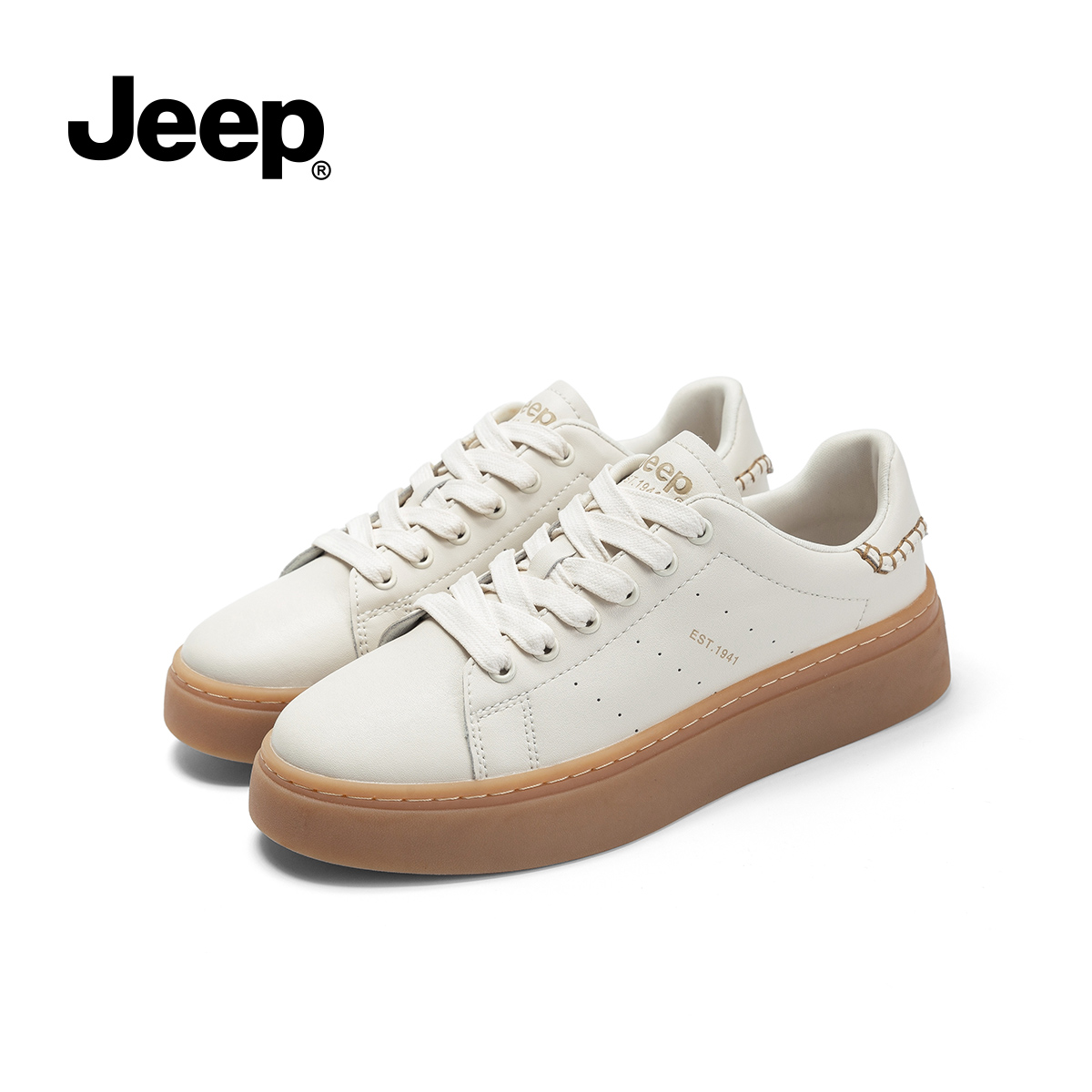 jeep高级感厚底小白鞋女软底舒适2023秋新款圆头百搭平底白色板鞋