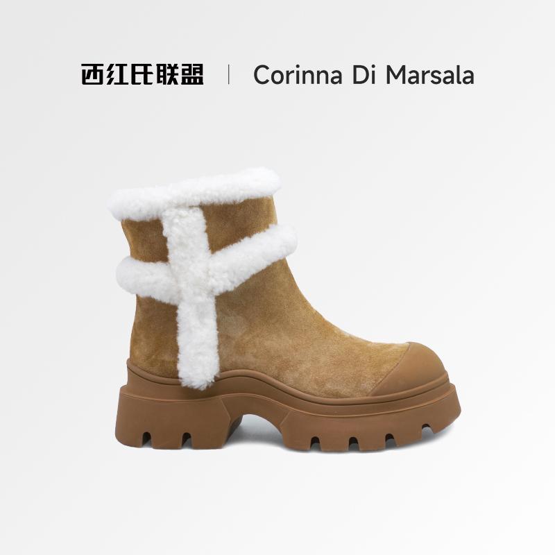 进口牛皮雪地靴女鞋加绒羊毛冬季