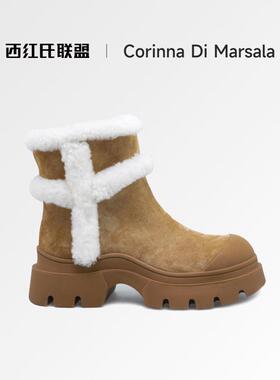 Corinna di Marsala2025冬季新款加绒羊毛厚底增高中筒雪地靴女鞋