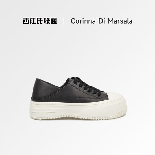女款黑白拼色厚底增高松糕板鞋