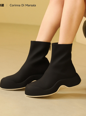 Corinna di Marsala冬款加绒厚底短靴真皮时装靴女秋款弹力靴女鞋