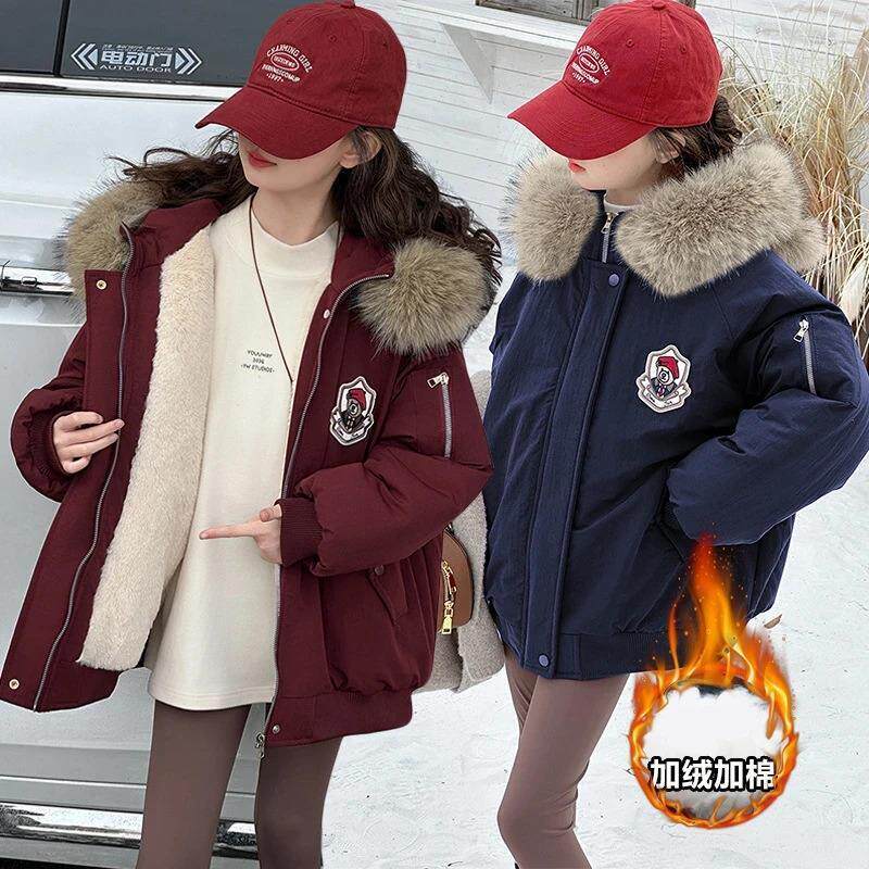 One漫希甄选女童冬装棉袄儿童洋派中大童时髦加厚毛领棉衣派克服