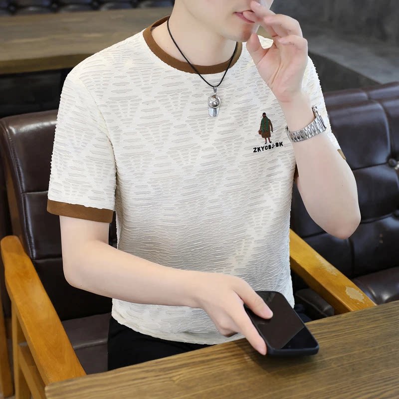 2岚屿服饰夏季新款男士休闲时尚舒适百搭刺绣冰丝圆领T恤