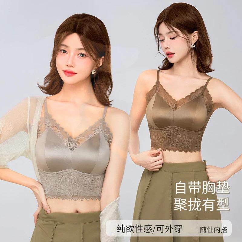 云半服装蕾丝V领法式缎面性感女士内衣固定一体杯轻薄美背文胸女