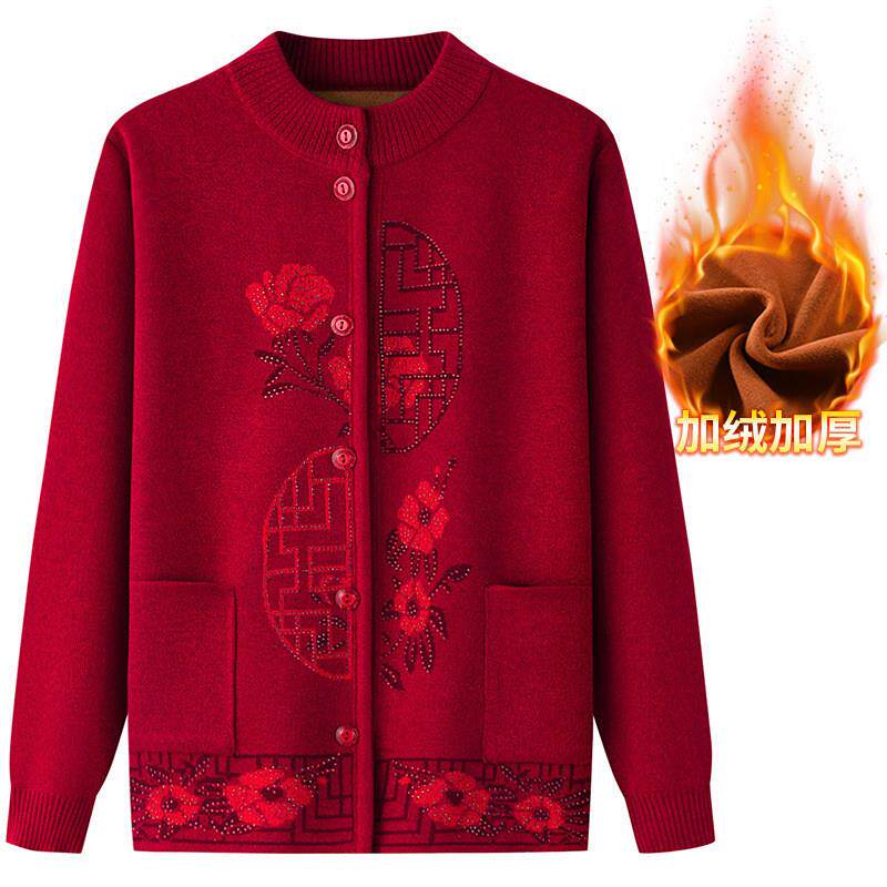老年人春装妈妈外套奶奶毛衣女加绒针织开衫老太太老人秋冬衣服女