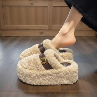米多多好物优选888羊羔绒t高跟厚底毛毛拖鞋 加包头8CM增高 女冬季