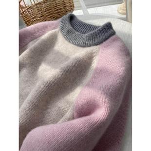 儿童毛衣加厚冬装男女童双股100纯羊毛衫插肩袖拼色针织羊绒打底