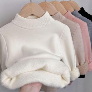 儿童半高领毛衣2025秋冬新款男女童一体绒加绒针织衫黑白色打底衫