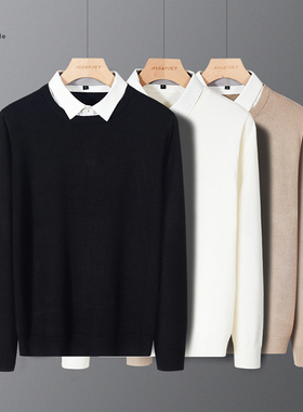 假两件针织衫男毛衣衬衫领秋冬男士毛线衣内搭打底毛衫男款上衣