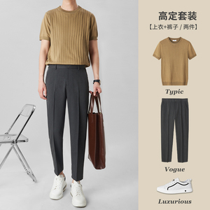 男士短袖t恤夏季新款套装上衣高腰西装裤两件套九分灰色休闲西裤