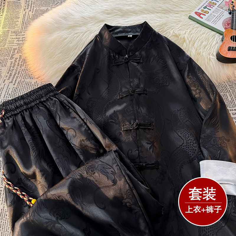 风A盘扣暗花龙纹冰丝衬衫萝卜裤套装男TZ159-P120控148,男装衬衫,电商A005A