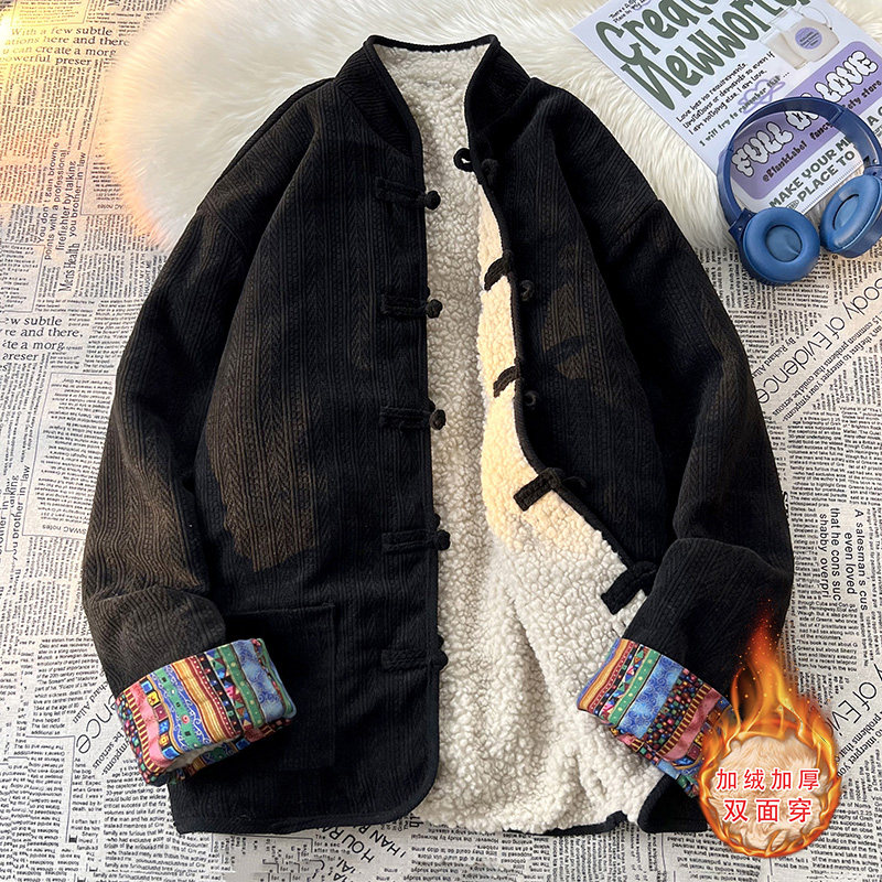新中式C麦穗羊羔毛加绒加厚双面穿棉服夹克棉衣男JK21-P135控158图片