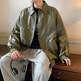 港风B翻领拉链工装多口袋皮衣男86072-P100，男装夹克，电商A005A