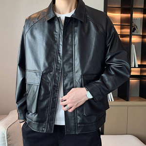 轻熟风A墨绿色PU皮夹克男复古机车皮衣A005A-JN8810-P95控128图片