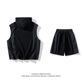 白底得物B美式连帽无袖上衣短裤五分裤冰丝运动篮球套装87002-P75，男装休闲套装，电商A005A
