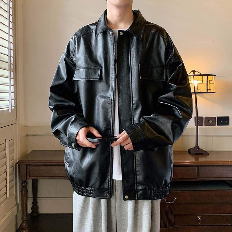 港风A翻领拉链工装多口袋皮衣夹克男86073-P100图片