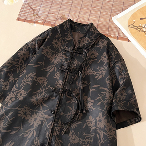 新中式A盘扣短袖衬衫男汉服唐装中山装树叶印花外套CS61-P68控88图片