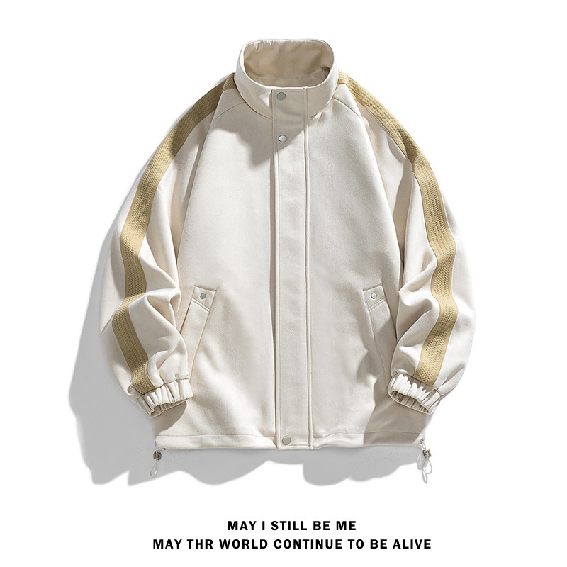 美式高街C复古麂皮绒两条杠痞帅撞色棒球服夹克运动外套86011-P98图片