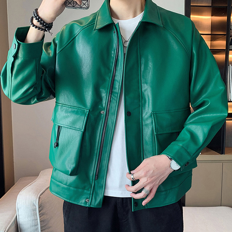 轻熟风B墨绿色PU皮夹克男复古机车皮衣A005A-JN8810-P95控128图片