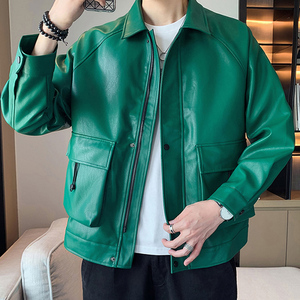轻熟风A墨绿色PU皮夹克男复古机车皮衣A005A-JN8810-P95控128图片