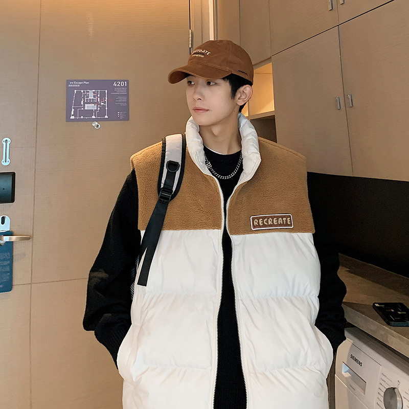 港风B奶咖色棉服马甲男羊羔毛拼接背心A005A-MN8817-P78，男装背心/马甲，电商A005A