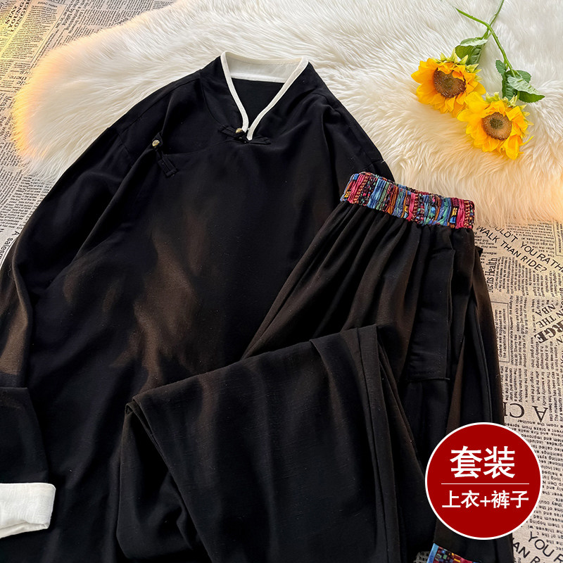 风E斜襟盘扣亚麻棉麻衬衫夹克大裤裆裤套装男TZ151-P173控198,男装夹克,电商A005A