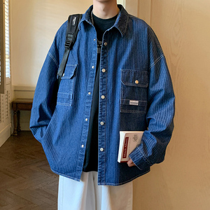 港风B工装多口袋立体剪裁衬衫夹克条纹牛仔衣男86063-P98图片