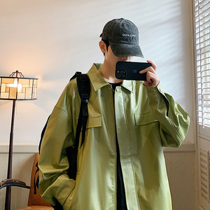 港风B翻领拉链工装多口袋皮衣夹克男86073-P100图片