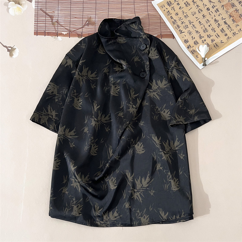 潮酷暗黑A小高领堆堆领印花树叶小众设计冰丝t恤T63-P80控108图片