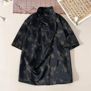 潮酷暗黑A小高领堆堆领印花树叶小众设计冰丝t恤T63-P80控108图片