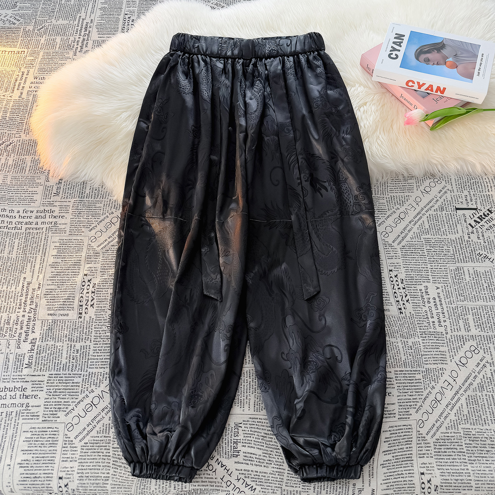 风暗纹龙纹冰丝腰带九分裤男大桶裤宽松萝卜裤K253-P68控88，男装休闲裤，电商A005A